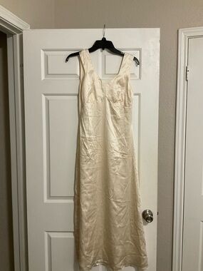 Elegant Cream Satin Maxi Dress - Sleeveless V-Neck